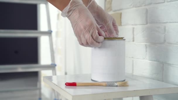 Close Women Hands Gloves Opening Jar Stirring Paint Starting Work — Stock Video