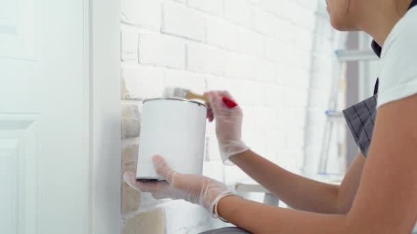 Close Woman Hands Painting Brush Brick Wall — Stock Video
