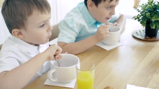 二人の赤ちゃん男の子食べるMuesliのために朝食でザキッチン — ストック動画