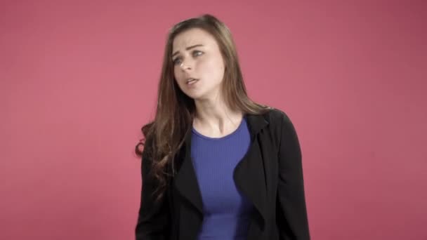 Indignant Woman Screaming Gesturing Hands Pink Background — Stock Video