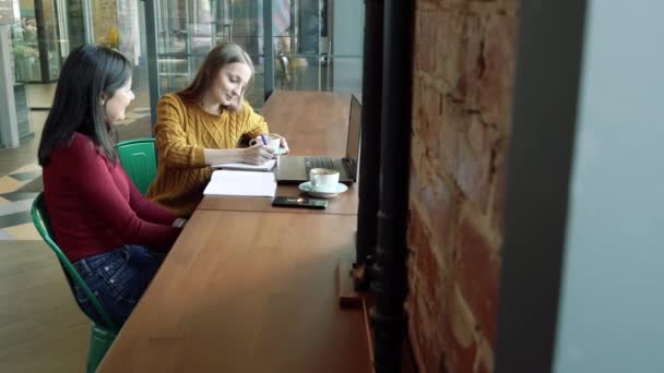 Две Молодые Женщины Смотрят Ноутбук Наслаждаются Результатами — стоковое видео