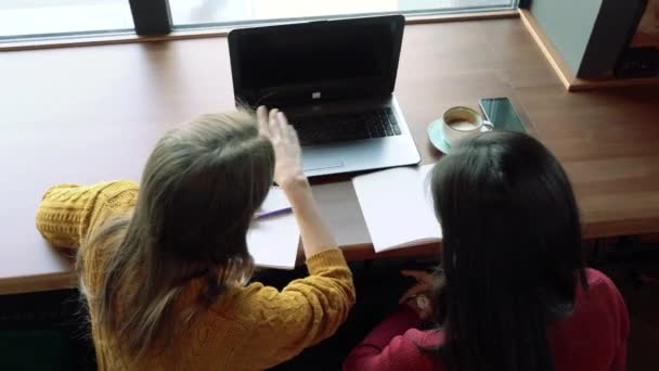 Дві молоді жінки обговорюють інформацію з екрану ноутбука. Фрілансова робота, освіта, концепція бізнесменів — стокове відео