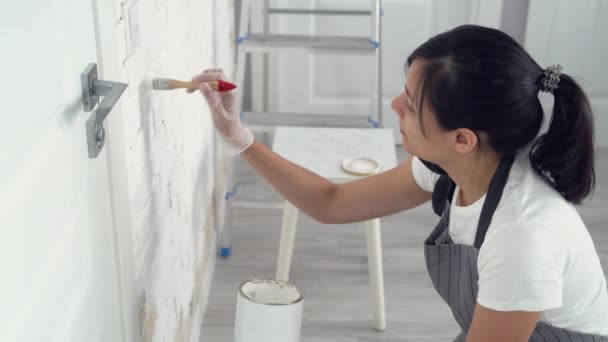 Young woman painting the wall paint in an apartment or house. — Stock Footage Young Woman Painting Wall Paint Apartment House Video Clip