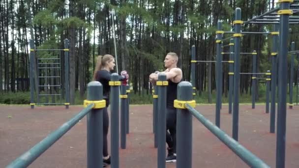 Two Sports Young People Having Rest Exercise Outdoor — Stock Video