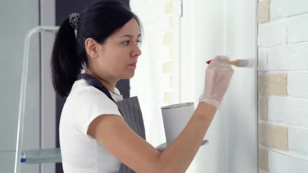 Mujer Joven Pintando Pintura Pared Apartamento Casa — Vídeo de stock