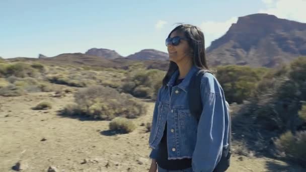 Νεαρή Γυναίκα Πεζοπόρος Σακίδιο Απολαμβάνοντας Θέα Στο Βουνό — Αρχείο Βίντεο