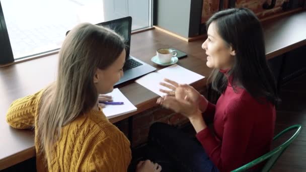 Zwei Junge Lächelnde Frauen Die Einem Café Oder Büro Über — Stockvideo