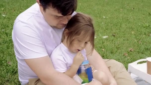 Happy Father Hugging His Daughter Outdoors — Stock Video