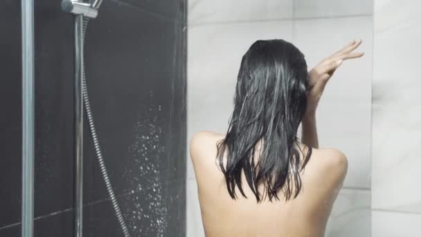 Young Brunette Woman Showering Washing Hair Bathroom — Stock Video