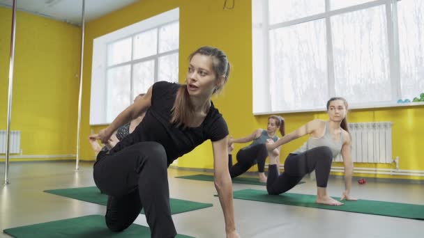 Aantrekkelijke Jonge Atletische Vrouwen Die Samen Yoga Doen Groepsopleiding Gezond — Stockvideo
