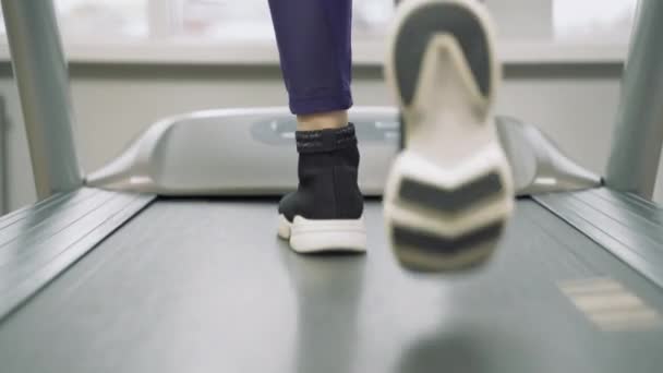 Acercamiento Las Piernas Femeninas Zapatillas Deporte Caminando Una Cinta Correr — Vídeos de Stock