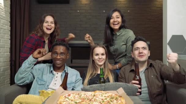 Diverse Group Friends Watching Rooting Hard Favorite Team Home — Stock Video