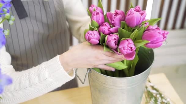 バケツからチューリップを取って花束で装飾のためにそれらを準備する若い女性の花屋 ビジネス 花粉の概念 — ストック動画