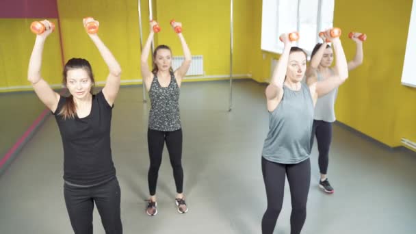 Grupo Jovens Mulheres Trabalhando Com Halteres Clube Fitness Conceito Estilo — Vídeo de Stock