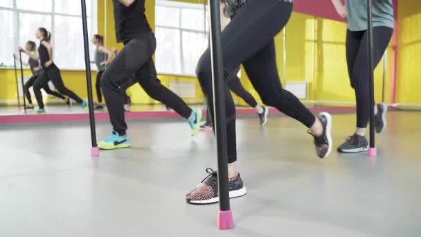 Primer Plano Piernas Grupo Mujeres Haciendo Ejercicios Pilates Sentadillas Gimnasio — Vídeo de stock