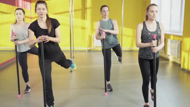 Grupo Mujeres Jóvenes Haciendo Ejercicios Pilates Trabajando Con Entrenador Gimnasio — Vídeos de Stock