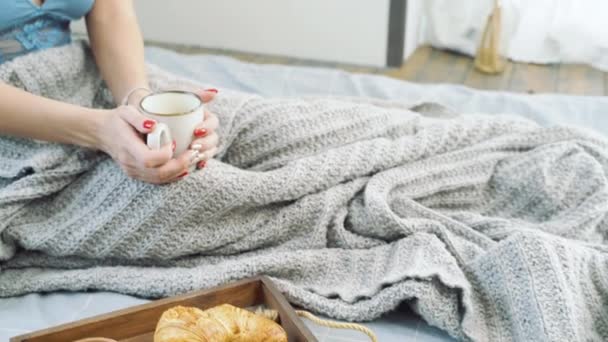 Close Young Woman Enjoying Morning Having Breakfast Croissants Coffee Bed — Stock Video