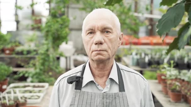 Serada Gülümseyen Kameraya Bakan Yaşlı Bir Erkek Bahçıvanın Portresi — Stok video