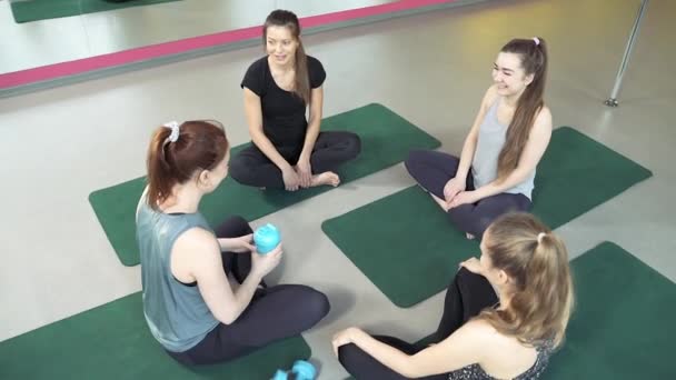 Group Young Fit Women Talking Laughing Together While Sitting Floor — Stock Video