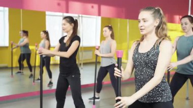 Spor, spor, eğitim ve yaşam tarzı konsepti - bir grup kadın spor salonlarında pilates egzersizleri yapıyor..