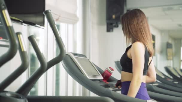 Joven Fitness Mujer Comenzando Ejercicio Cardiovascular Con Caminar Una Cinta — Vídeo de stock