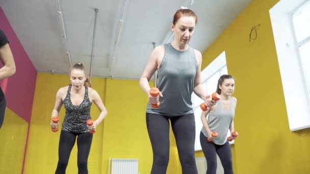 Grupo Mujeres Jóvenes Haciendo Ejercicio Con Pesas Gimnasio Concepto Estilo — Vídeos de Stock