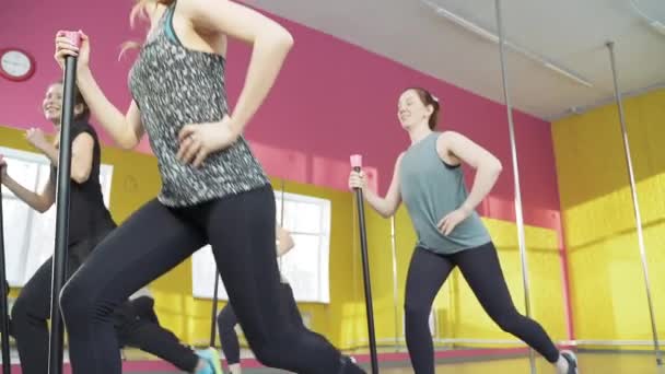 Close Benen Van Groep Vrouwen Doen Pilates Oefeningen Squats Fitness — Stockvideo