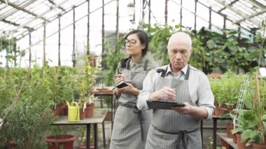 Yaşlı bir erkek bahçıvan genç bir kadına bir serada bitki ekme ve yetiştirme özelliklerinden bahseder. Not defterine not alıyor.