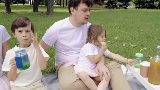 Familia Feliz Con Niños Descansando Césped Durante Picnic Felicidad Armonía — Vídeo de stock