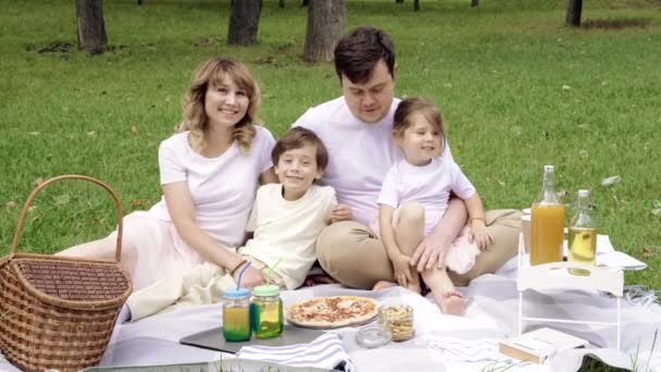 晴れた夏の日にピクニックに幸せな家族の肖像画 — ストック動画