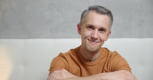 Portrait Handsome Young Man Smiling Looking Camera Home — Stock Video