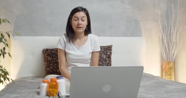 Young Sick Woman Sneezing Using Handkerchief While Sitting Bed Cold — Stock Video