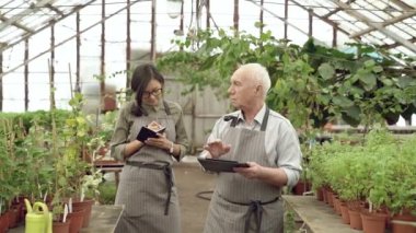 Yaşlı bahçıvan bir serada genç kadın bitkileri gösteriyor. Bir deftere notlar alıyor. Bahçıvanlık ve Çiftçilik Konsepti