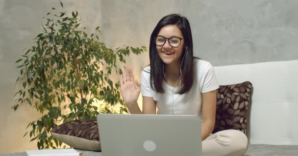 Retrato Una Joven Mujer Olorosa Que Tiene Chat Vídeo Haciendo — Vídeo de stock