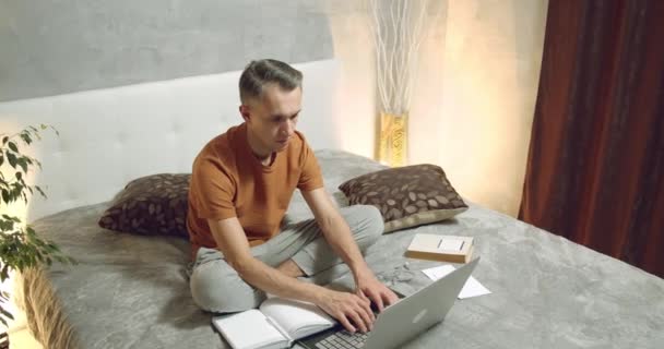 Young Man Typing Laptop Keyboard Male Freelancer Student Working Writing — Stock Video