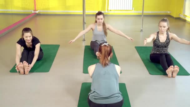 Yoga Sınıfındaki Eğitmenle Esneme Dersleri Alan Bir Grup Sağlıklı Genç — Stok video