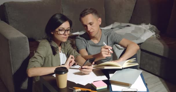 Couple Discussing Design New Apartment Working Together Sitting Floor Using — Stock Video