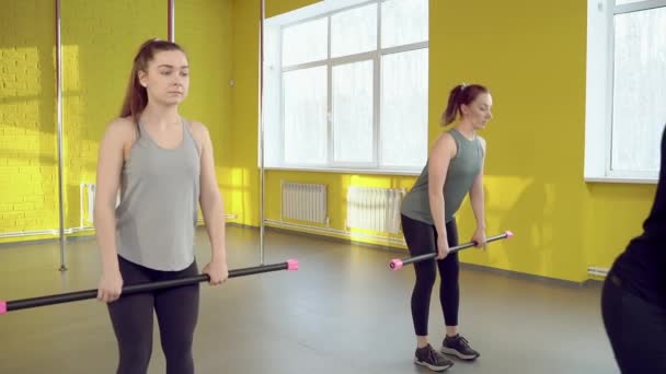 在健身室与教练一起做普拉提练习的年轻妇女小组 — 图库视频影像