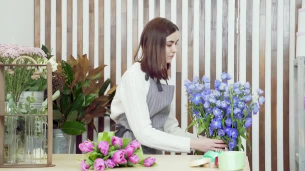 Joven Florista Revisando Seleccionando Las Mejores Flores Para Ramo Taller — Vídeos de Stock