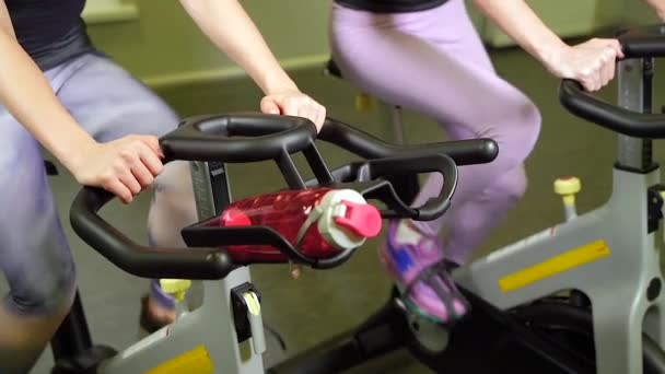 Mujeres Jóvenes Bicicleta Bicicleta Estática Gimnasio — Vídeos de Stock