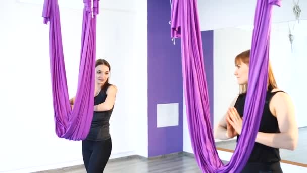Deux Jeunes Femmes Pratiquant Yoga Dans Hamac Dans Studio — Video