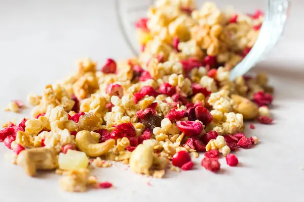 Plate Homemade Muesli Cornflakes Freezedried Cranberry Cashew Candied Fruit Raisins — Stock Photo, Image