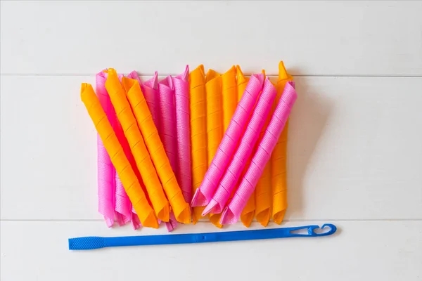 Magic Leverag Curlers Pink Orange Hair Curlers Vein Light Wooden — Stock Photo, Image