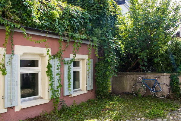 Bir tuğla duvar yakınındaki bahçedeki eski yalnız bisiklet duruyor. Güzel bahçe