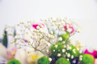 Beyaz çiçekli, bulanık, seçici odaklı bej renkli bir arka plan. Çiçekler, renkli buketlerle paniklemiş..