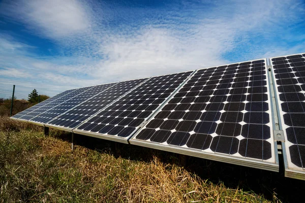 stock image Solar panel, photovoltaic, alternative electricity source - selective focus, copy space