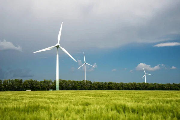 Elektrik üreten arpa ve rüzgar türbinleri yeşil alan — Stok fotoğraf