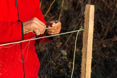 balıkçı balık ağlarına - seçici odak, kopya alanı dokuma kumaşlar
