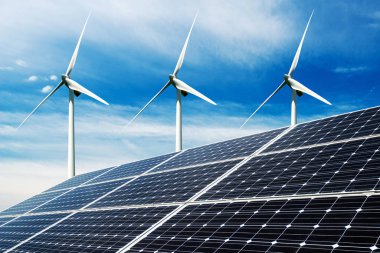 Fotoğraf kolaj güneş panelleri ve Rüzgar turbins - sürdürülebilir kaynaklar kavramı