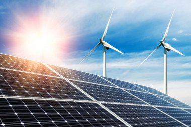 Fotoğraf kolaj güneş panelleri ve Rüzgar turbins - sust kavramı